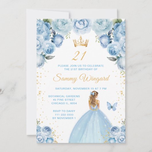 Lichtblauw Blond Haar Prinses Verjaardagsfeest Kaart (Voorkant)