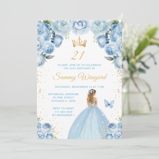 Lichtblauw Blond Haar Prinses Verjaardagsfeest Kaart (Staand voorkant)