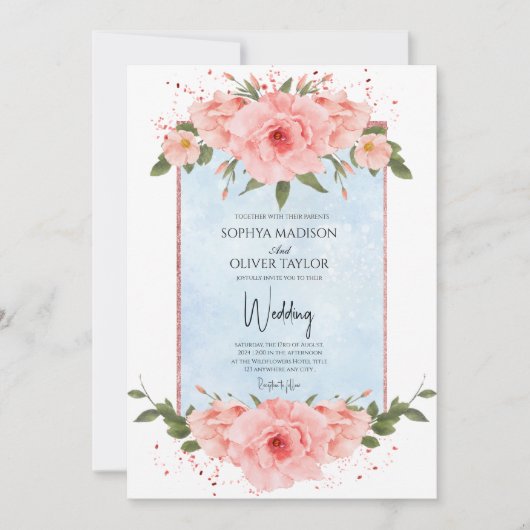 Lichtblauw & Blush Bloem Stoffig Blauw Botanisch Kaart (Voorkant)