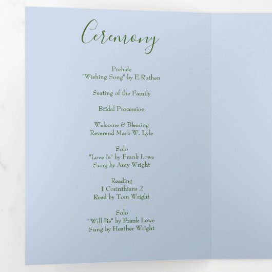 Lichtblauw & Bord Roze Pioen & Roos Bruiloft Drieluik Programma (Binnenzijde eerst)