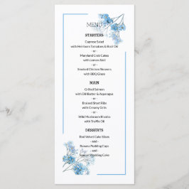 Lichtblauw botanisch bloemmotief bruiloft menu