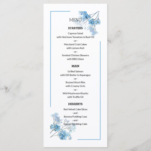 Lichtblauw botanisch bloemmotief bruiloft menu (Voorkant)