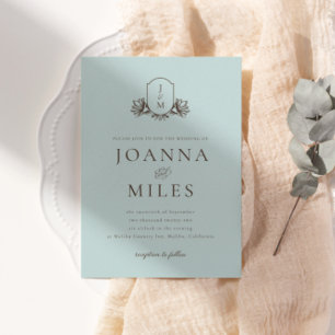 Lichtblauw Botanisch Monogram Crest Bruiloft Kaart