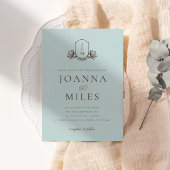Lichtblauw Botanisch Monogram Crest Bruiloft Kaart