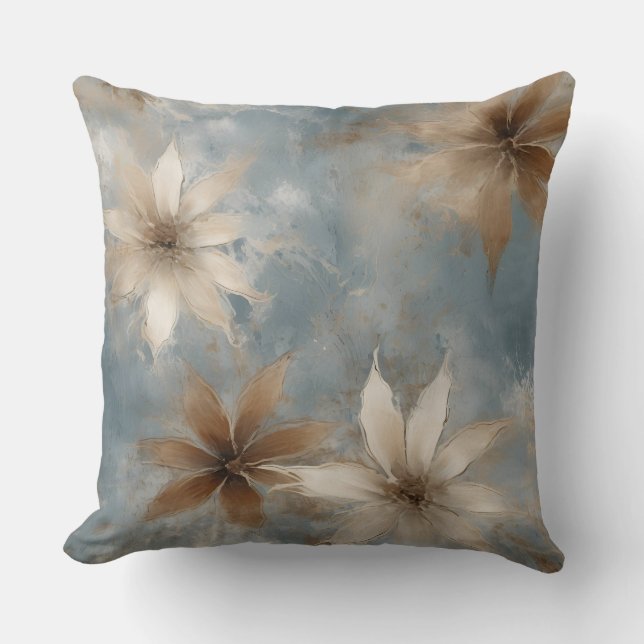 Lichtblauw Bruin Beige Abstract Bloemmotief Kussen (Voorkant)