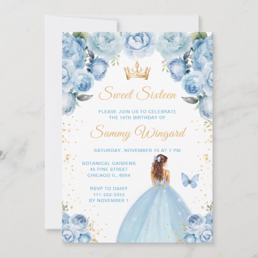 Lichtblauw bruin haar prinses Sweet Sixteen Kaart (Voorkant)