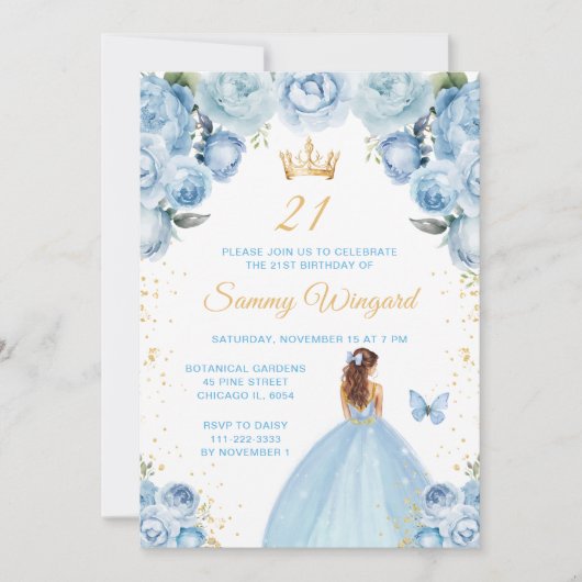 Lichtblauw Bruin Haar Prinses Verjaardagsfeest Kaart (Voorkant)