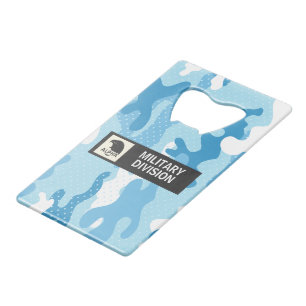 Lichtblauw camouflage polka stippenpatroon creditkaart flessenopener