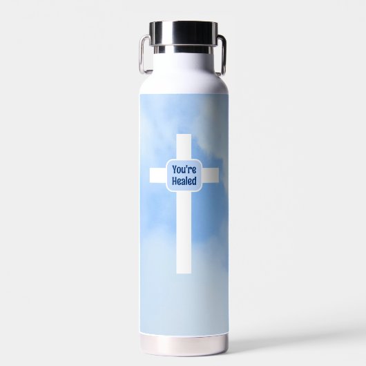 Lichtblauw Christelijk Kruis Bijbel Verse Healing Waterfles (Voorkant)