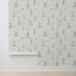 Lichtblauw & Crème Vuurtoren Kust Toile Behang