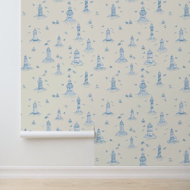 Lichtblauw & Crème Vuurtoren Kust Toile Behang (Applicatie)