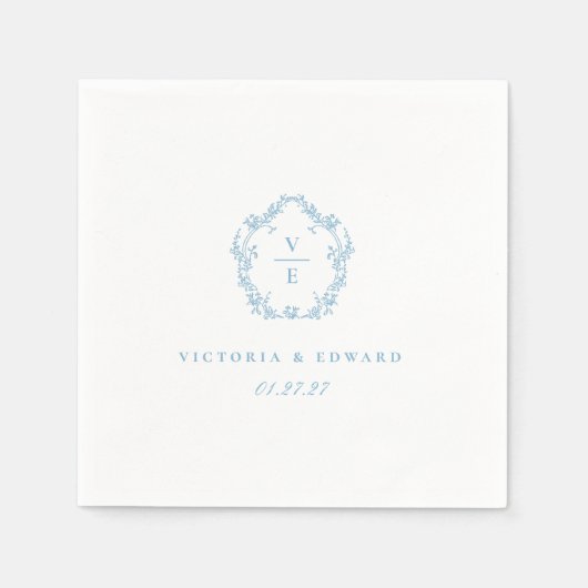 Lichtblauw Crest Monogram Bruiloft Servet (Voorkant)