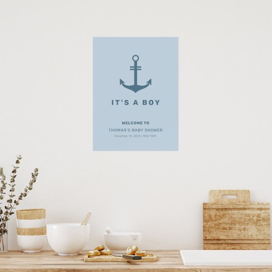 Lichtblauw Elegant Anker Baby shower Welkom Poster (Keuken)