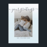 Lichtblauw Elegant Schrift Familie Foto Groeten Briefkaart<br><div class="desc">Persoonlijke minimalistische lichtblauwe familie foto Universele wenskaarten met een stijlvolle foto met witte ombre-gradiënt chic overlay op paarse roze achtergrond, uw groet boodschap in elegant handgeschreven script lettertype, uw naam, datum, jaar, bericht op de achterkant in een modern en eenvoudig schreefloos lettertype. Maak uw eigen wenskaarten met deze elegante sjabloon,...</div>