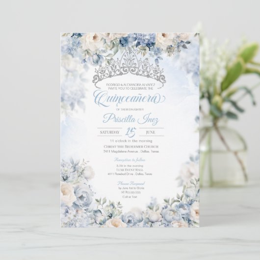 Lichtblauw Elegante Waterverf Bloemen Quinceañera Kaart (Staand voorkant)