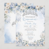 Lichtblauw Elegante Waterverf Bloemen Quinceañera Kaart (Voorkant / Achterkant)