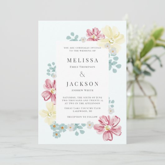 Lichtblauw en Bloem Bruiloft Kaart (Staand voorkant)