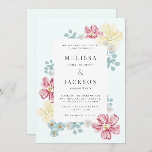 Lichtblauw en Bloem Bruiloft Kaart (Voorkant / Achterkant)