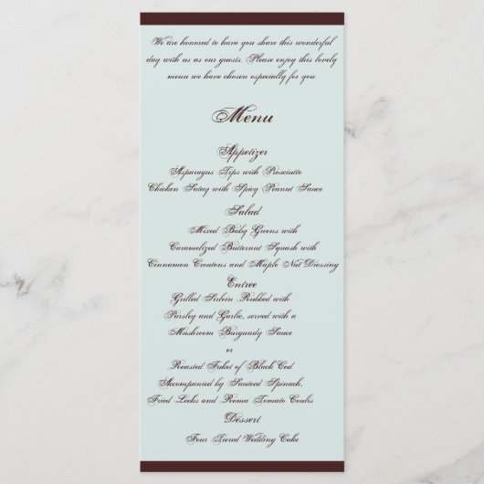 Lichtblauw en Bruin Paisley Bruiloft Menu (Voorkant)