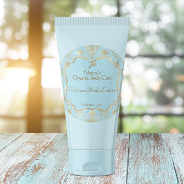 Lichtblauw en gouden folie demask cosmetica label 