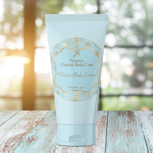 Lichtblauw en gouden folie demask cosmetica label 