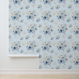 Lichtblauw en goudkleurig behang