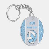 Lichtblauw en grijze, persoonlijke volleybalcadeau sleutelhanger (Voorkant Links)