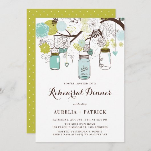 Lichtblauw en Groen Mason Jars Repetitie Diner Kaart (Voorkant / Achterkant)
