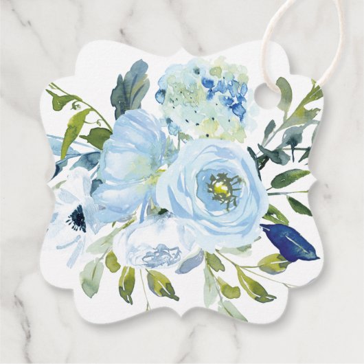 Lichtblauw en marineblauw Waterverf Bloemenbruilof Bedankjes Labels (Achterkant)