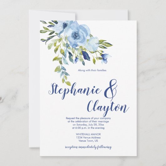 Lichtblauw en Navy Waterverf Flowers Bruiloft | Kaart (Voorkant)