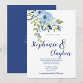 Lichtblauw en Navy Waterverf Flowers Bruiloft | Kaart (Voorkant / Achterkant)