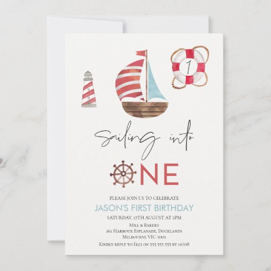 Lichtblauw en Rood Nautische Zeilboot 1e Verjaarda Kaart (Voorkant)