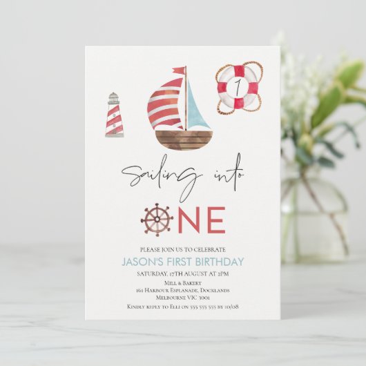 Lichtblauw en Rood Nautische Zeilboot 1e Verjaarda Kaart (Staand voorkant)