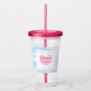 Lichtblauw en Roze Hart Baby Meisje Douche Acryl Drinkbeker