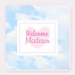 Lichtblauw en Roze Hart Baby Meisje Douche Vierkante Sticker