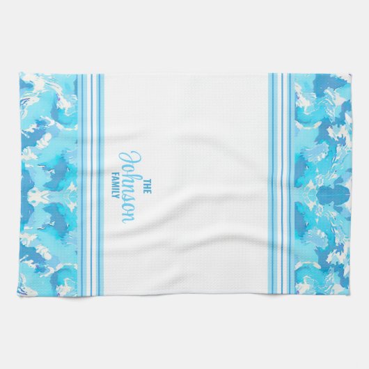 Lichtblauw en Wit Abstract met gestreept & naam Theedoek (Horizontaal)