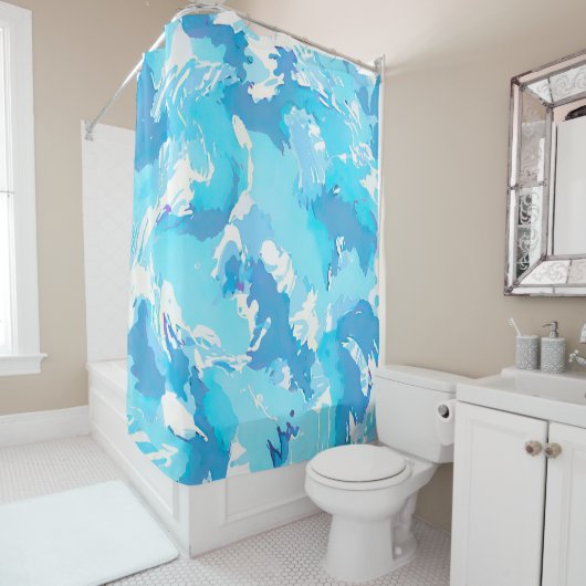 Lichtblauw en Wit Abstract penseelstreken Douchegordijn (In situ)