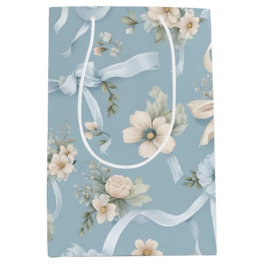 Lichtblauw en wit Bloemen en Bogen Medium Cadeauzakje (Voorkant)