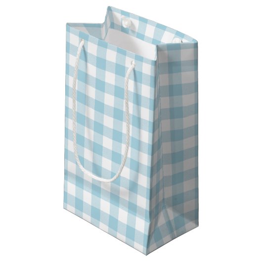 Lichtblauw en wit Gingham Klein Cadeauzakje (Voorkant Gekanteld)