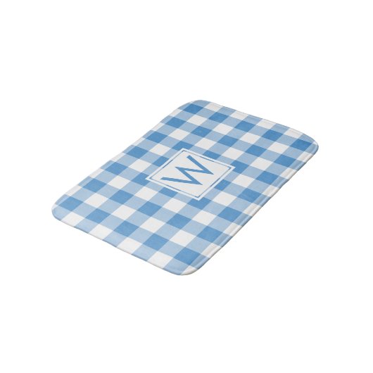 Lichtblauw en Wit Gingham Patroon met Monogram Badmat (Gekanteld)