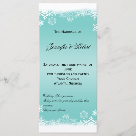 Lichtblauw en wit Sneeuwvlokken Trouwprogramma Programmakaart (Voorkant)