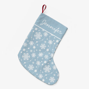 Lichtblauw en wit vloeiend sneeuwvlokpatroon kleine kerstsok
