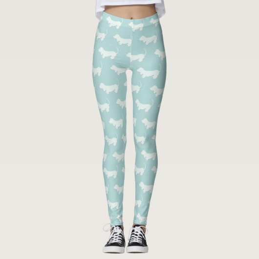 Lichtblauw en witte Dachshund-afdrukLeggings Leggings (Voorkant)