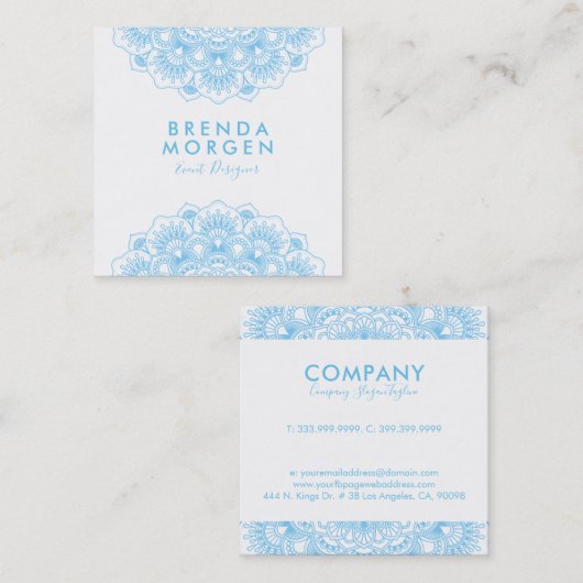 Lichtblauw en witte florale mandala vierkante visitekaartje (Voorkant / Achterkant)