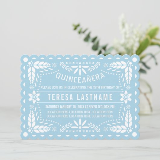 Lichtblauw en witte papel picado Quinceañera Kaart (Staand voorkant)