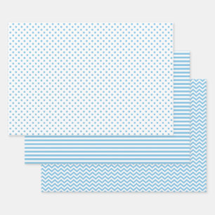 Lichtblauw en witte strepen Chevron Polka Dots Inpakpapier Vel