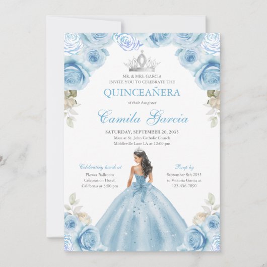 Lichtblauw en zilver Bloemen Prinses Quinceañera Kaart (Voorkant)