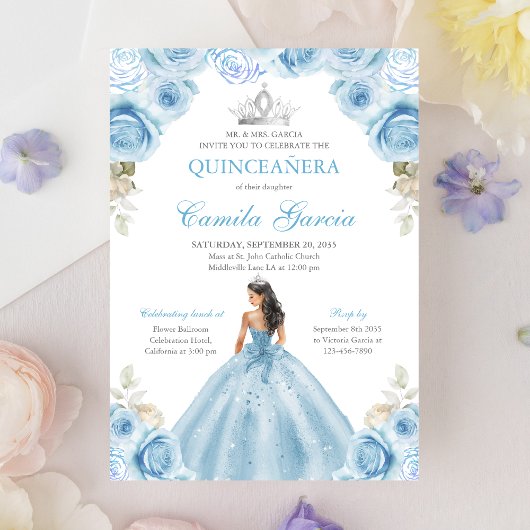 Lichtblauw en zilver Bloemen Prinses Quinceañera Kaart