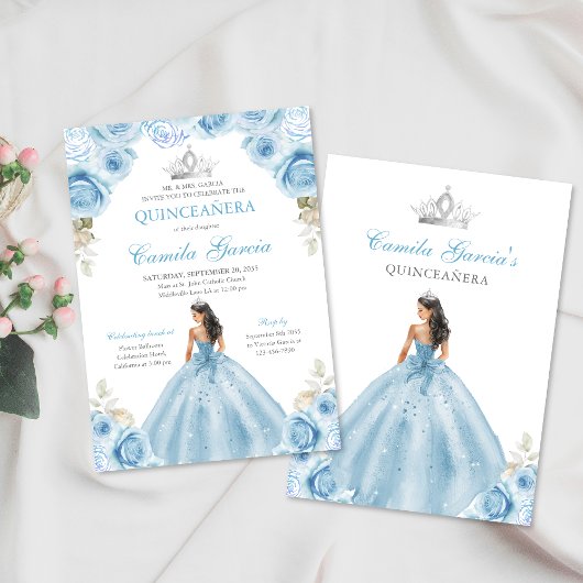 Lichtblauw en zilver Bloemen Prinses Quinceañera Kaart