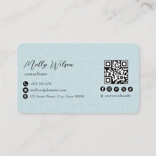 Lichtblauw Faux Linen QR Code Social Media Visitekaartje (Achterkant)